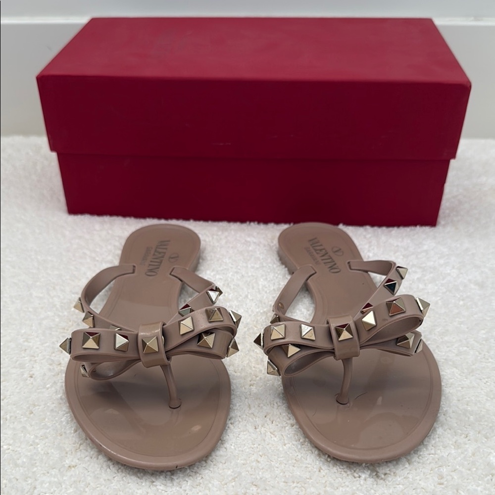 Valentino Tan Sandals with Studded Bows